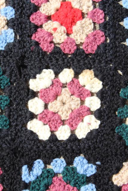 photo of handmade vintage granny square crochet afghan, black w/ retro 80s colors #5
