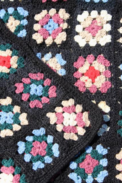 photo of handmade vintage granny square crochet afghan, black w/ retro 80s colors #6