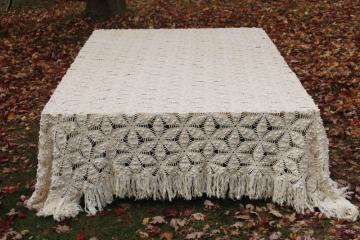 handmade vintage heavy cotton lace bedspread, popcorn crochet stars, long fringe 