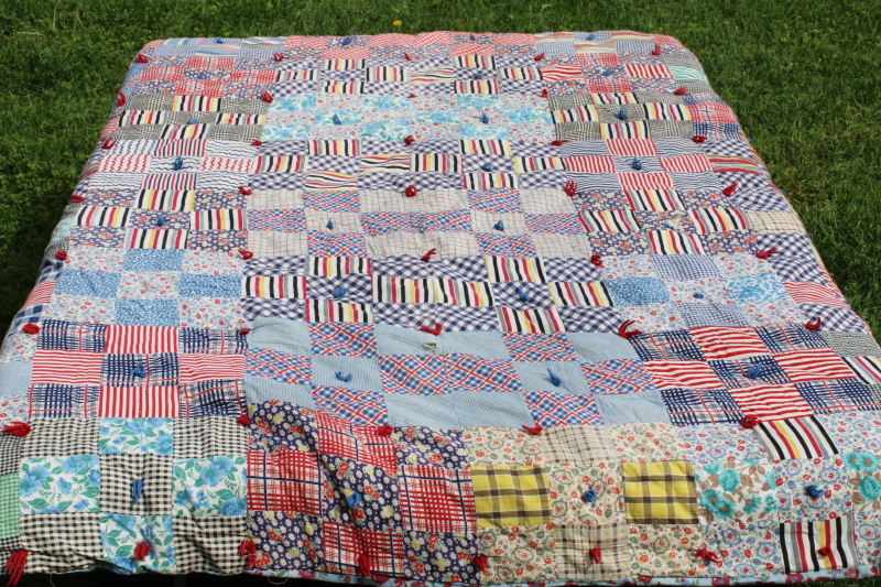 photo of handmade vintage patchwork tied quilt, 1940s 50s feed sack fabric & colorful prints  #1