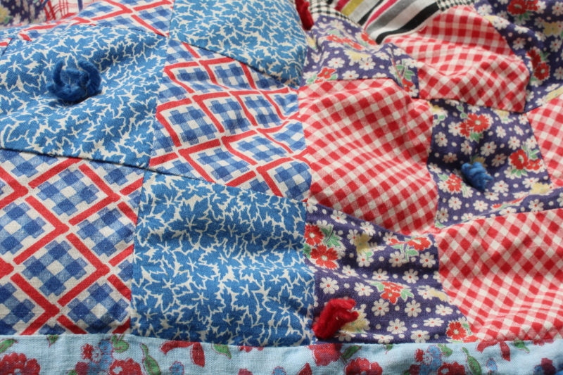 photo of handmade vintage patchwork tied quilt, 1940s 50s feed sack fabric & colorful prints #2