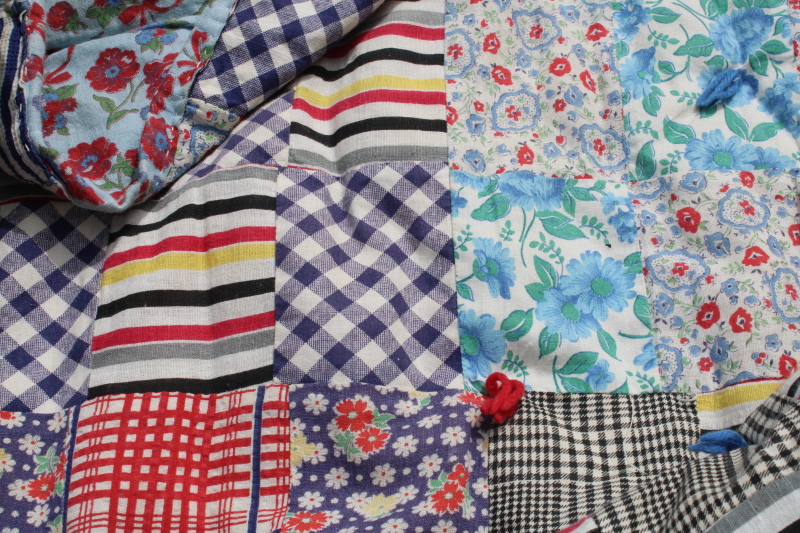 photo of handmade vintage patchwork tied quilt, 1940s 50s feed sack fabric & colorful prints #3