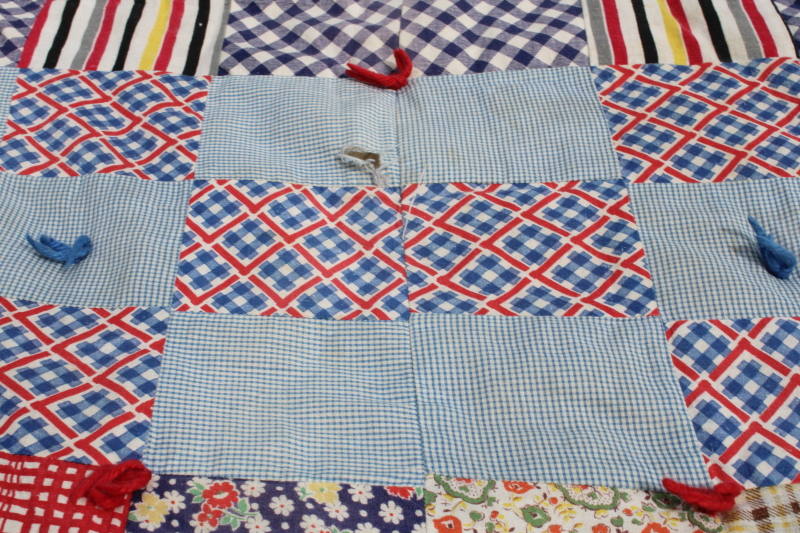 photo of handmade vintage patchwork tied quilt, 1940s 50s feed sack fabric & colorful prints #7