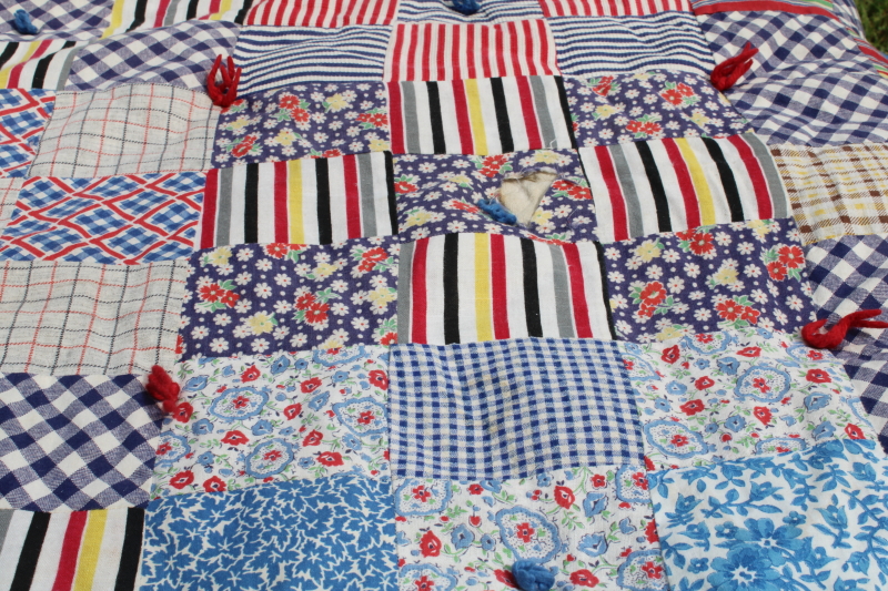 photo of handmade vintage patchwork tied quilt, 1940s 50s feed sack fabric & colorful prints #8