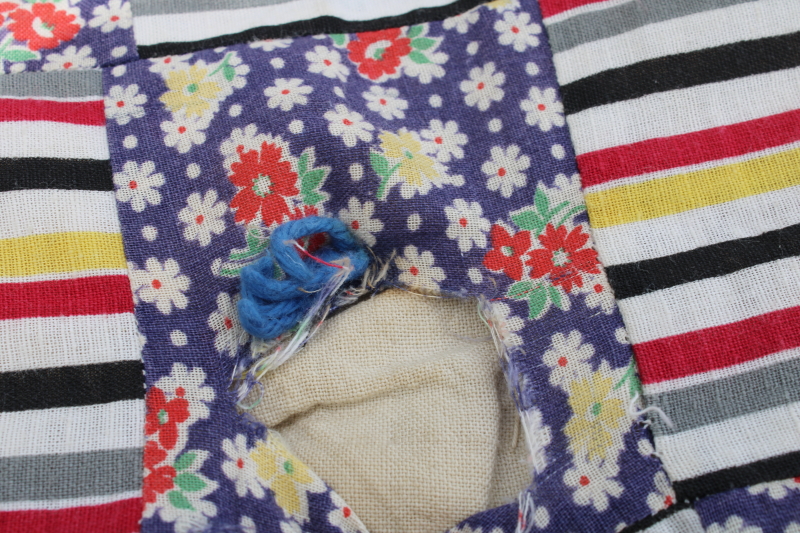 photo of handmade vintage patchwork tied quilt, 1940s 50s feed sack fabric & colorful prints #9