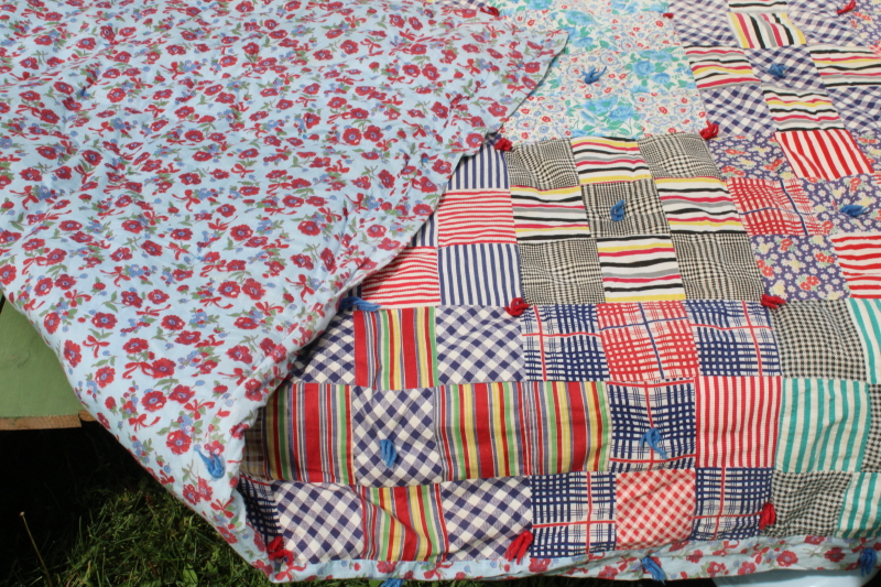 photo of handmade vintage patchwork tied quilt, 1940s 50s feed sack fabric & colorful prints #10