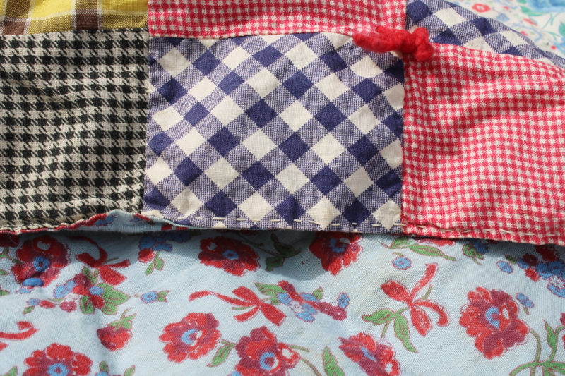 photo of handmade vintage patchwork tied quilt, 1940s 50s feed sack fabric & colorful prints #11
