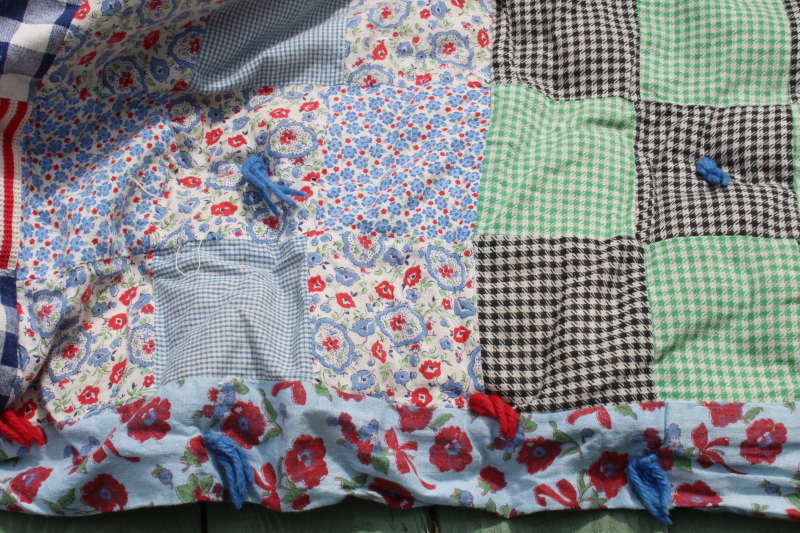 photo of handmade vintage patchwork tied quilt, 1940s 50s feed sack fabric & colorful prints #13