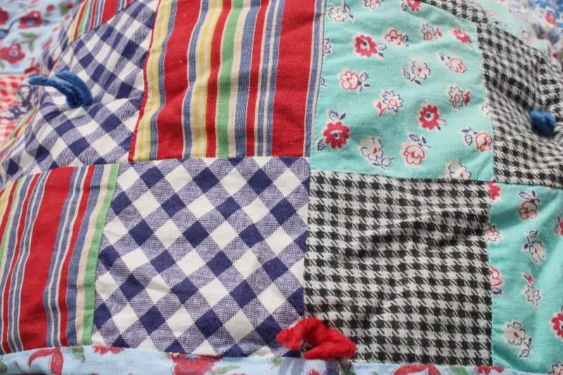 photo of handmade vintage patchwork tied quilt, 1940s 50s feed sack fabric & colorful prints #14