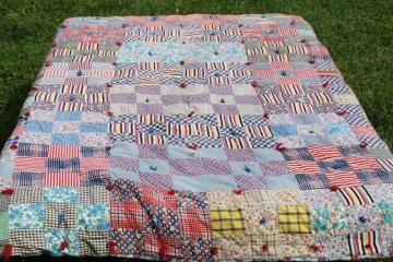 catalog photo of handmade vintage patchwork tied quilt, 1940s 50s feed sack fabric & colorful prints 