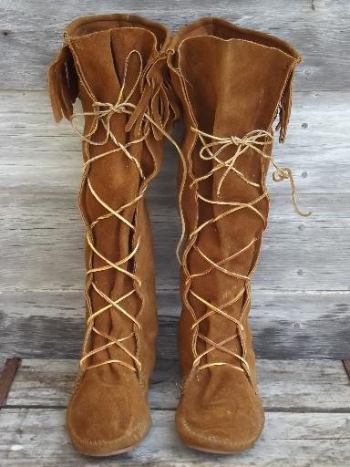 photo of handmade vintage suede moccasin boots, heavy fringed nubuck leather #2