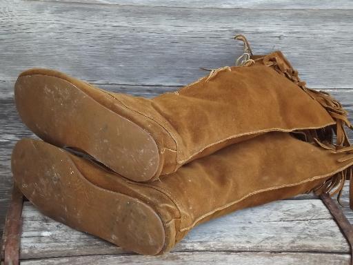 photo of handmade vintage suede moccasin boots, heavy fringed nubuck leather #5