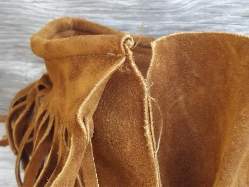 photo of handmade vintage suede moccasin boots, heavy fringed nubuck leather #6