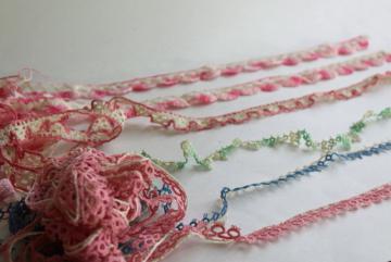 catalog photo of handmade vintage tatting & crochet lace edgings, sewing trim, pink blue green colored cotton