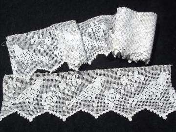 catalog photo of handmade vintage wide lace sewing trim or shelf edging, crochet doves border