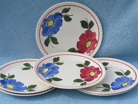 photo of hand-painted Blue Ridge Southern Potteries plates, red & blue flower #1