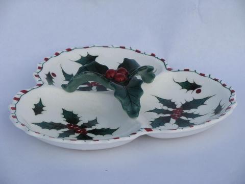 photo of hand-painted Christmas holly, vintage Lefton china divided dish, Japan #1