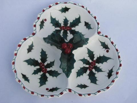 photo of hand-painted Christmas holly, vintage Lefton china divided dish, Japan #2