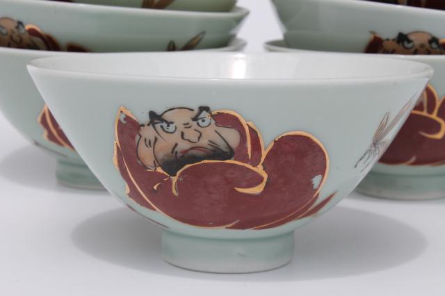 photo of hand-painted Daruma rice bowls, vintage Japan porcelain dishes set #2