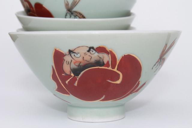 photo of hand-painted Daruma rice bowls, vintage Japan porcelain dishes set #3