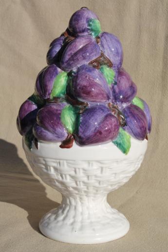 photo of hand-painted Italian ceramic tabletop topiary fruit, a pyramid of purple plums #2