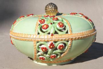 catalog photo of hand-painted Japan china rose jar potpourri dish, pierced bowl w/ dried flowers