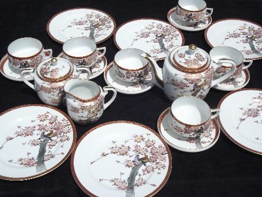 photo of hand-painted Japan lithophane china tea set, pair of birds in cherry tree #1