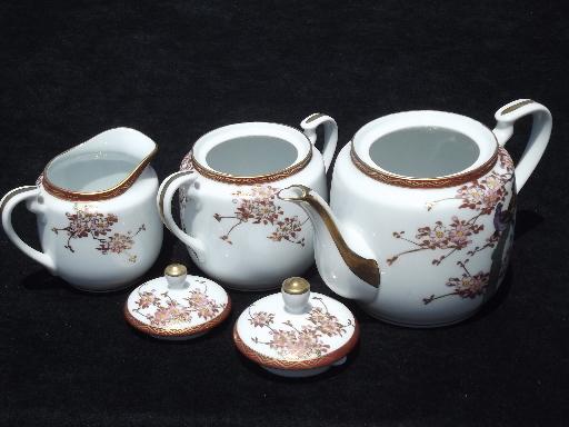 photo of hand-painted Japan lithophane china tea set, pair of birds in cherry tree #2