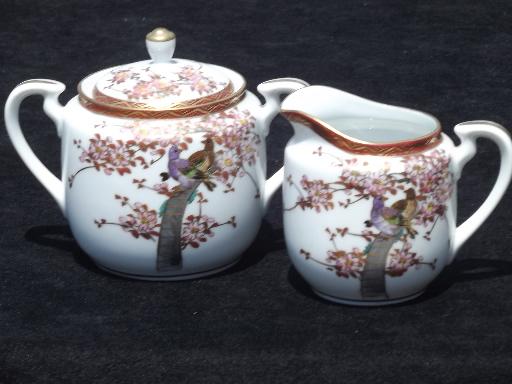 photo of hand-painted Japan lithophane china tea set, pair of birds in cherry tree #10