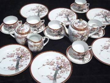 catalog photo of hand-painted Japan lithophane china tea set, pair of birds in cherry tree