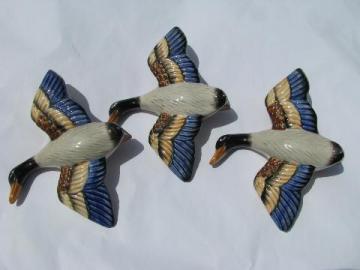 catalog photo of hand-painted Japan, vintage ceramic wall pockets, flying ducks game birds