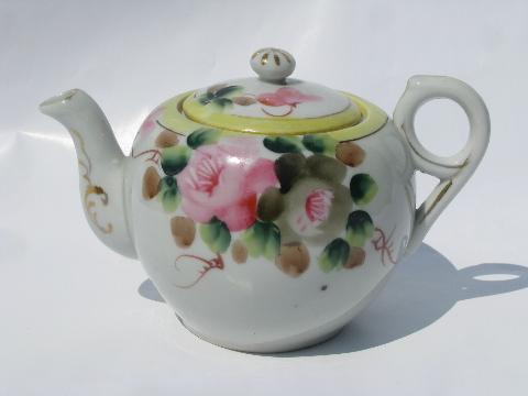 photo of hand-painted Japan vintage china tea pot, pink roses & yellow #1