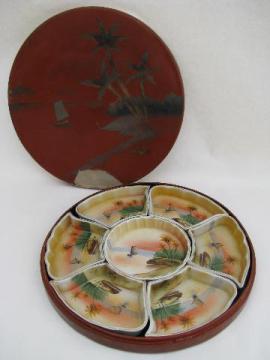 catalog photo of hand-painted Nippon vintage china relish tray set, original lacquer box