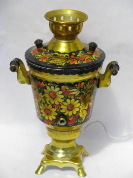 catalog photo of hand-painted Russian folk art floral samovar, needs spigot & tap