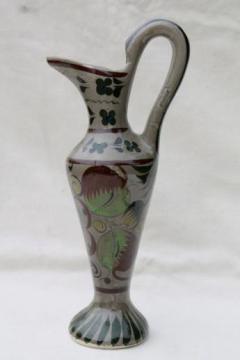 catalog photo of hand-painted Tonala style pottery pitcher vase, vintage Mexican art pottery