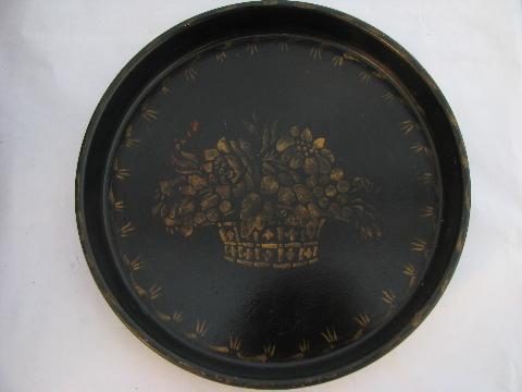 photo of hand-painted black & gold tole ware, round tray w/ antique flower basket stencil #1