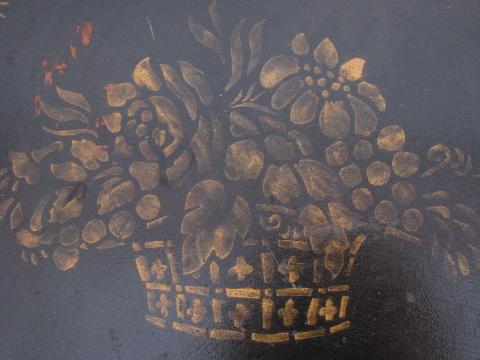 photo of hand-painted black & gold tole ware, round tray w/ antique flower basket stencil #2