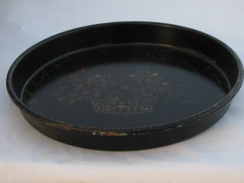 photo of hand-painted black & gold tole ware, round tray w/ antique flower basket stencil #3