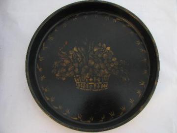 catalog photo of hand-painted black & gold tole ware, round tray w/ antique flower basket stencil