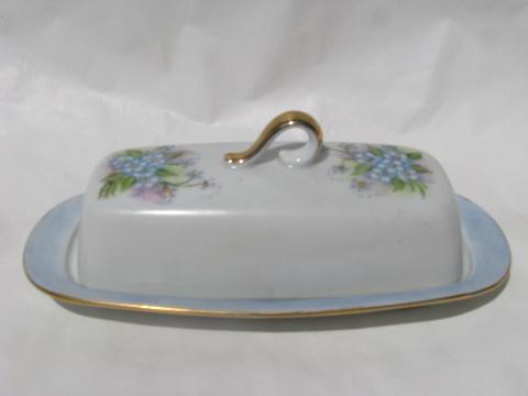 photo of hand-painted china covered butter dish, lovely blue forget-me-nots #1