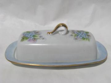 catalog photo of hand-painted china covered butter dish, lovely blue forget-me-nots