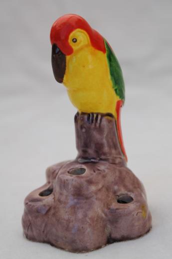 photo of hand-painted china parrot flower holder, vintage flower frog w/ tiny bird #1