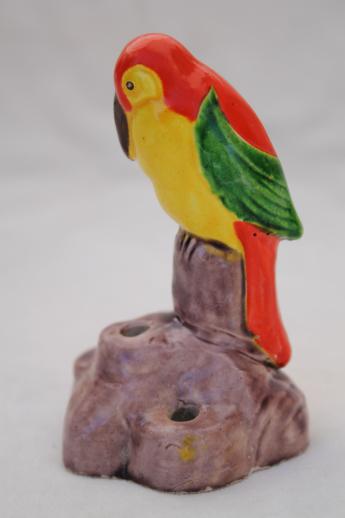 photo of hand-painted china parrot flower holder, vintage flower frog w/ tiny bird #2