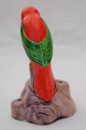 photo of hand-painted china parrot flower holder, vintage flower frog w/ tiny bird #3