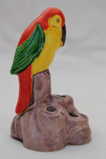 photo of hand-painted china parrot flower holder, vintage flower frog w/ tiny bird #4