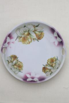 catalog photo of hand-painted china plate w/ yellow daffodils, antique vintage tray handles cake plate