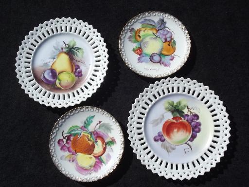 photo of hand-painted china plates w/ fruit, vintage Japan wall hanger plaques #1