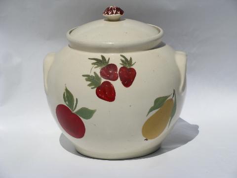 photo of hand-painted fruit, large round pottery cookie jar, 1940s vintage #1