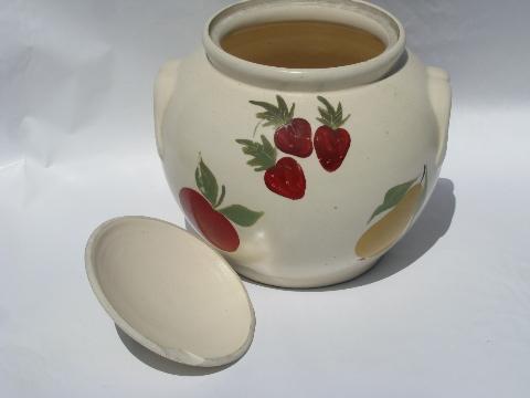 photo of hand-painted fruit, large round pottery cookie jar, 1940s vintage #2