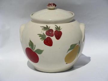 catalog photo of hand-painted fruit, large round pottery cookie jar, 1940s vintage